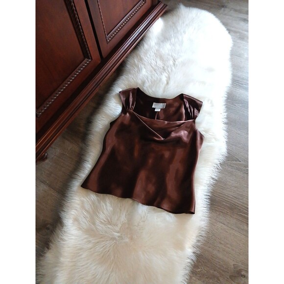 VTG David's Bridal Women's Size 10 Chocolate Satin Draped Neck Sleeveless Blouse - Picture 6 of 9